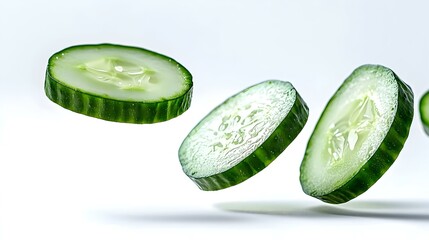 Fresh cucumber slices in air on white