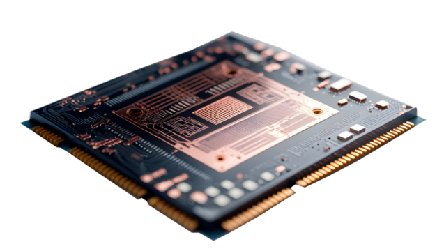 Close-up of a black circuit board,Microchip with gold connectors and intricate,Close up representation of a quantum processor,The processor is the central processing