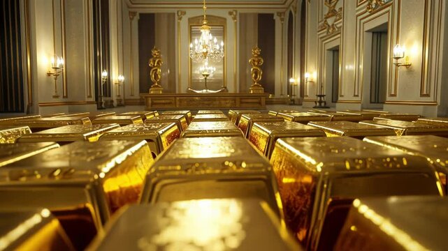 A lavish bank vault filled with gleaming gold bars and elegant decor.