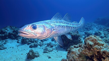 Fototapeta premium Underwater Barracuda Close Up Shot in Deep Blue Ocean Environment with Coral and Sand Seafloor