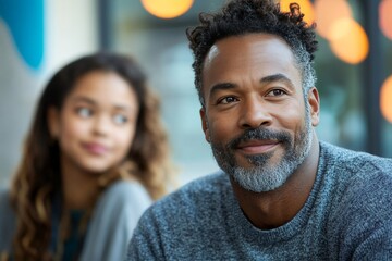 a man and a woman looking off to the side in a soft focus.