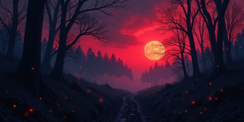 Enchanted Forest Path at Dusk with a Crimson Moon and Glowing Lights