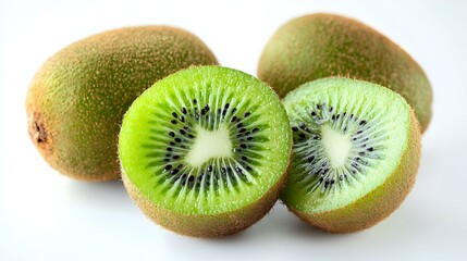 Fototapeta premium kiwi fruit halved and whole on white background