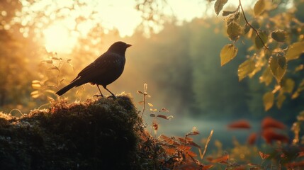 Fototapeta premium Silhouetted bird on a branch with a beautiful sunrise background.