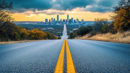 Asphalt road leads to Austin, Texas skyline at sunset, trees line road, dramatic clouds. Perfect for travel, cityscape, or journey themes, evokes feelings of adventure and progress.