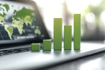 Eco-friendly Growth: A laptop displays a world map with a vibrant green bar graph. It represent sustainable business and growth. Capturing the essence of eco-consciousness.