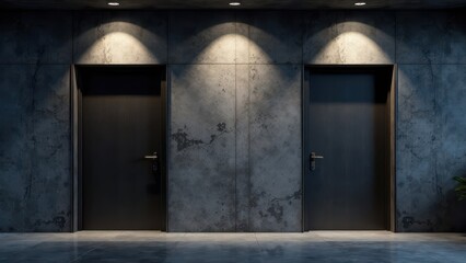 Modern Interior Design Three Dark Doors Against a Textured Concrete Wall Illuminated by Recessed Lighting