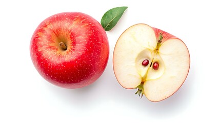 Red apple whole half cut slice top view on white