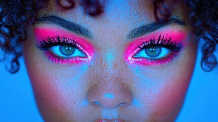 Bright Neon Eye Makeup on a Beautiful Woman with Bold Eyeshadow and Lashes for a Striking Look