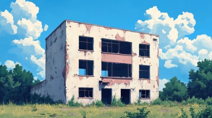 Fototapeta premium An abandoned factory with broken windows and overgrown weeds, symbolizing economic decline. Business bankruptcy and corporate financial troubles.