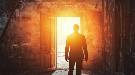 Obraz premium Silhouette of man standing in doorway looking towards bright light.