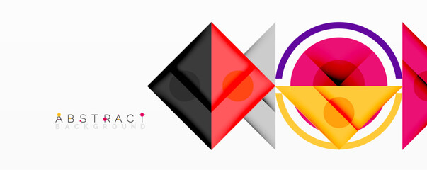 Abstract geometric composition with overlapping triangles, circles, and gradients, featuring a central circular design with text