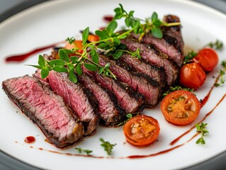 Roasted beef slice with herb and tomato garnish - ai
