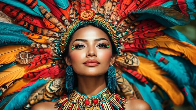 Exotic beauty adorns vibrant feathered headdress, celebrating cultural heritage and tradition