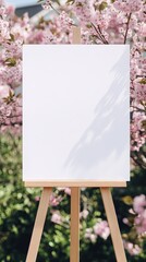blank welcome sign mockup at a backyard garden party with pastel pink Sakura decor. International Friendship Day. International Celebration in a Garden Setting