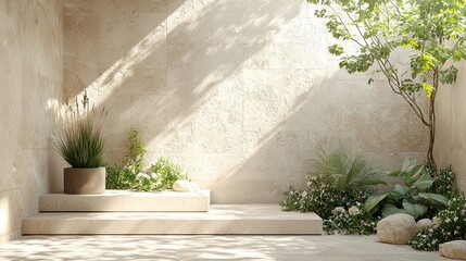 Peaceful Interior Garden Sunlight on Steps with Plants and Textured Walls Tranquil Serenity Outdoors