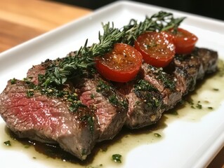 Roasted beef slice with herb and tomato garnish - ai