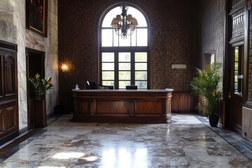 Fototapeta premium Elegant hotel reception area with a wooden desk, marble floor, and large arched window.