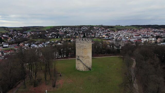 Aerial view of Heinrichsturm in Bad Abbach, Bavaria, Germany. This medieval tower surrounded by scenic Bavarian hills, Danube River and countryside, offers breathtaking views and historical heritage. 