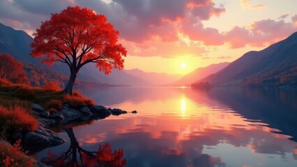Obraz premium Serene autumn sunset over calm lake with vibrant red tree reflecting in water