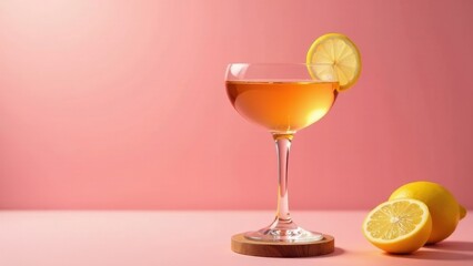 A refreshing citrus cocktail in a stemmed glass, garnished with a lemon slice, rests on a wooden coaster against a soft pink backdrop, accompanied by fresh lemon halves.