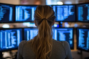 woman looking at multiple computer monitors with data.