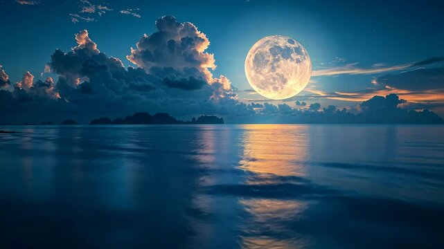 夜の穏やかな海に輝く満月の風景2