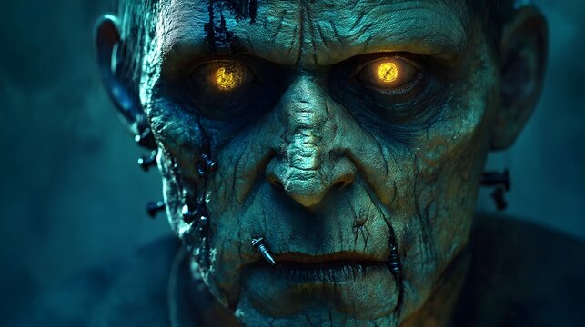 Frankenstein creature with glowing yellow eyes in a spooky Halloween setting during a night celebration