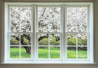 Fototapeta premium Serene view of a white flowering tree through a classic window frame with green grass and vibrant flowers in a peaceful countryside setting