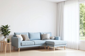 modern living room large window light blue sofa side tables plants