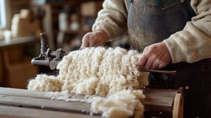 Elderly artisan preparing raw wool in a workshop