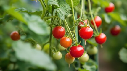 Ripe red cherry tomatoes on the vine, surrounded by green leaves. Perfect for illustrating healthy food, gardening, or fresh produce concepts.
