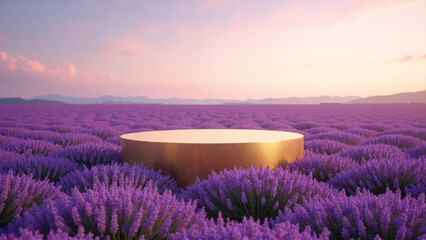 A gold cylindrical platform in a lavender field at sunset.