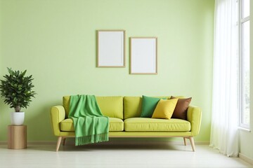 modern living room with bright green sofa light green wall plants