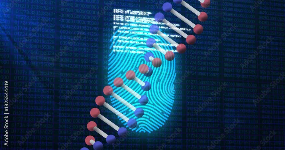 Poster illustrating digital security, dna strand and fingerprint over binary code animation