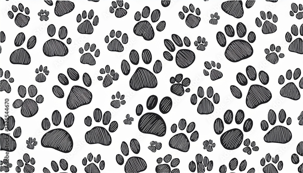 Poster trace black doodle paw prints seamless pattern background. seamless pattern design of puppy paw prin