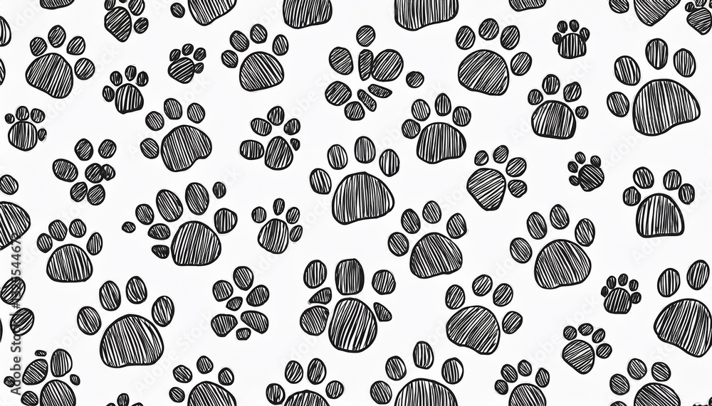 Poster trace black doodle paw prints seamless pattern background. seamless pattern design of puppy paw prin