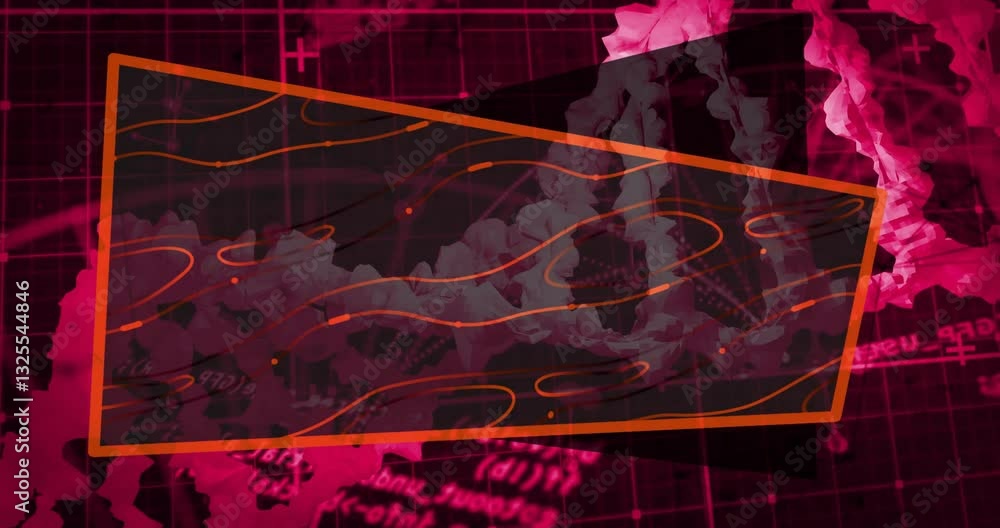 Poster animation of abstract geometric shapes and lines on digital grid with pink hues