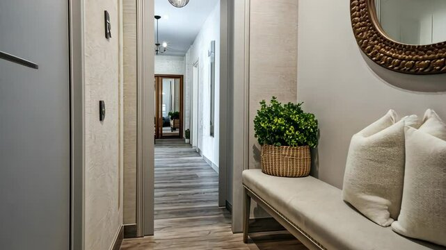 Elegant hallway with stylish decor and natural light progression