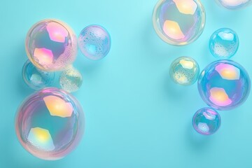 Iridescent soap bubbles on blue background. Perfect for cleaning, purity, or freshness concepts.