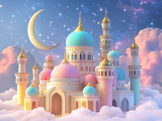 Fairy tale Arabian palace, dreamy pastel colors, crescent moon, starry night sky, fluffy pink clouds, golden domes, ornate minarets, magical atmosphere, glowing windows,
