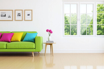 Fototapeta premium Modern living room large window green sofa side table books