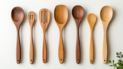 A collection of wooden cooking utensils arranged neatly on a light background.