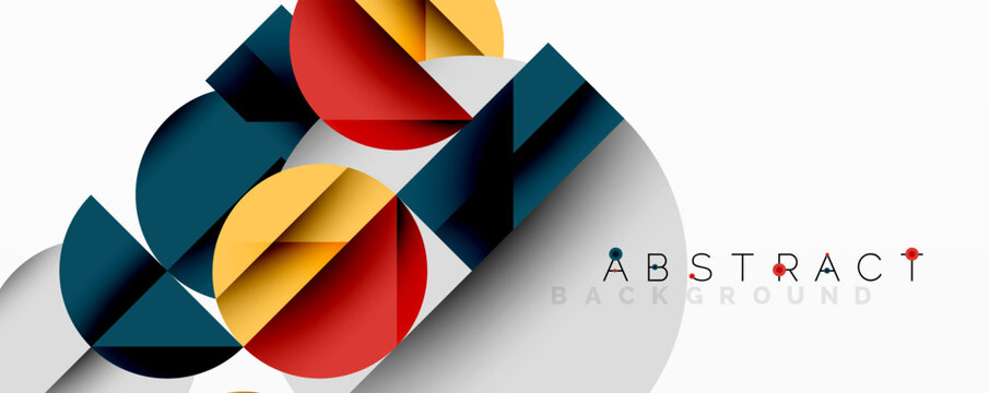 Abstract geometric artwork with overlapping circles and gradients, circle square triangle shapes background featuring sharp angular cuts, smooth shading, and structured layered composition
