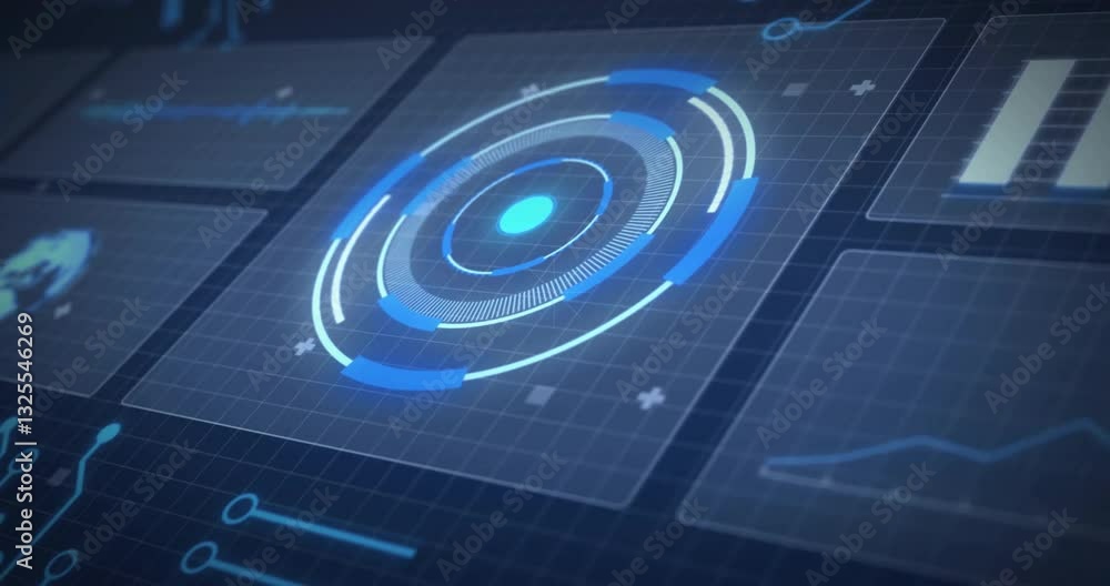 Poster displaying animation of circular data visualization with blue and white graphics