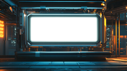 Futuristic Blue And Orange Illuminated Rectangular Screen In Dark Interior With Neon Light Display And Metal Frame