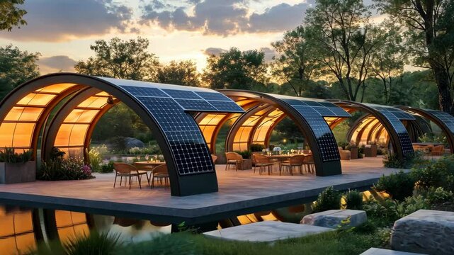 Modern solarpowered pavilion at sunset with tranquil outdoor setting