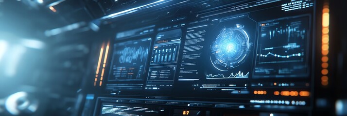 Analyzing Futuristic Computer Interface Displaying Charts and Data Information