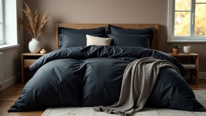 Dark-hued bedding neatly arranged on a bed, showcasing a plush comforter and a soft throw