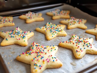 Star Shaped Cookies with Sprinkles Baking in Oven - ai